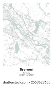 Editable vector poster map of Bremen, Germany, showcasing detailed street layouts, main roads, neighborhoods, and landmarks in Pastel, Gray, White, Green colors.