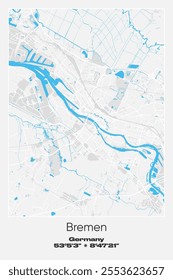 Editable vector poster map of Bremen, Germany, showcasing detailed street layouts, main roads, neighborhoods, and landmarks in Gray, white, blue colors.