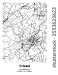 Editable vector poster map of Bristol, United Kingdom, showcasing detailed street layouts, main roads, neighborhoods, and landmarks in Black, white, gray, BW colors.