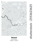 Editable vector poster map of Bristol, United Kingdom, showcasing detailed street layouts, main roads, neighborhoods, and landmarks in Gray, Black, White, BW colors.