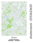 Editable vector poster map of Bristol, United Kingdom, showcasing detailed street layouts, main roads, neighborhoods, and landmarks in Gray, white, green, blue colors.