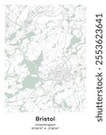 Editable vector poster map of Bristol, United Kingdom, showcasing detailed street layouts, main roads, neighborhoods, and landmarks in Pastel, Gray, White, Green colors.
