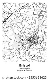 Editable vector poster map of Bristol, United Kingdom, showcasing detailed street layouts, main roads, neighborhoods, and landmarks in Black, white, gray, BW colors.