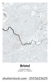 Editable vector poster map of Bristol, United Kingdom, showcasing detailed street layouts, main roads, neighborhoods, and landmarks in Gray, Black, White, BW colors.