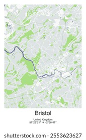 Editable vector poster map of Bristol, United Kingdom, showcasing detailed street layouts, main roads, neighborhoods, and landmarks in Gray, Blue, Green, White colors.