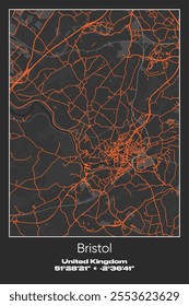 Editable vector poster map of Bristol, United Kingdom, showcasing detailed street layouts, main roads, neighborhoods, and landmarks in Gray, Black, Orange colors.