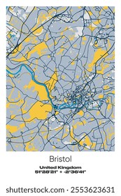 Editable vector poster map of Bristol, United Kingdom, showcasing detailed street layouts, main roads, neighborhoods, and landmarks in Blue, Gray, Yellow, Olive colors.