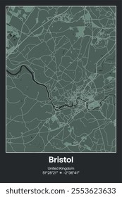 Editable vector poster map of Bristol, United Kingdom, showcasing detailed street layouts, main roads, neighborhoods, and landmarks in Dark gray, Gray, Green, gray-green colors.