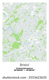 Editable vector poster map of Bristol, United Kingdom, showcasing detailed street layouts, main roads, neighborhoods, and landmarks in Gray, white, green, blue colors.