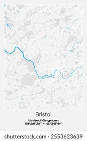 Editable vector poster map of Bristol, United Kingdom, showcasing detailed street layouts, main roads, neighborhoods, and landmarks in Gray, white, blue colors.