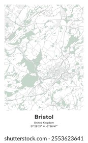 Editable vector poster map of Bristol, United Kingdom, showcasing detailed street layouts, main roads, neighborhoods, and landmarks in Pastel, Gray, White, Green colors.