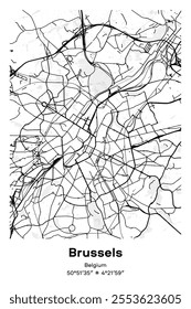 Editable vector poster map of Brussels, Belgium, showcasing detailed street layouts, main roads, neighborhoods, and landmarks in Black, white, gray, BW colors.