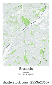 Editable vector poster map of Brussels, Belgium, showcasing detailed street layouts, main roads, neighborhoods, and landmarks in Gray, Blue, Green, White colors.