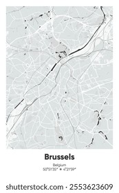 Editable vector poster map of Brussels, Belgium, showcasing detailed street layouts, main roads, neighborhoods, and landmarks in Gray, Black, White, BW colors.