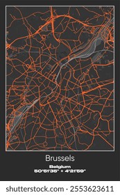 Editable vector poster map of Brussels, Belgium, showcasing detailed street layouts, main roads, neighborhoods, and landmarks in Gray, Black, Orange colors.