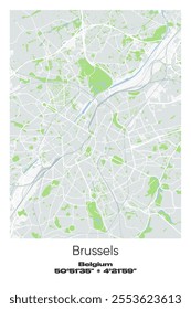 Editable vector poster map of Brussels, Belgium, showcasing detailed street layouts, main roads, neighborhoods, and landmarks in Gray, white, green, blue colors.