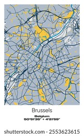 Editable vector poster map of Brussels, Belgium, showcasing detailed street layouts, main roads, neighborhoods, and landmarks in Blue, Gray, Yellow, Olive colors.