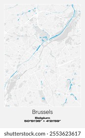 Editable vector poster map of Brussels, Belgium, showcasing detailed street layouts, main roads, neighborhoods, and landmarks in Gray, white, blue colors.