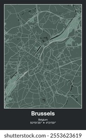 Editable vector poster map of Brussels, Belgium, showcasing detailed street layouts, main roads, neighborhoods, and landmarks in Dark gray, Gray, Green, gray-green colors.