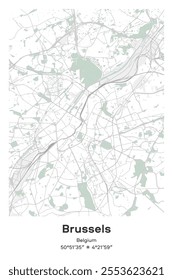 Editable vector poster map of Brussels, Belgium, showcasing detailed street layouts, main roads, neighborhoods, and landmarks in Pastel, Gray, White, Green colors.