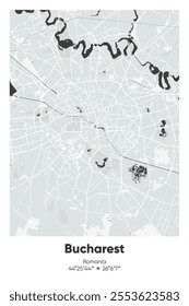 Editable vector poster map of Bucharest, Romania, showcasing detailed street layouts, main roads, neighborhoods, and landmarks in Gray, Black, White, BW colors.