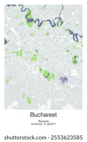 Editable vector poster map of Bucharest, Romania, showcasing detailed street layouts, main roads, neighborhoods, and landmarks in Gray, Blue, Green, White colors.