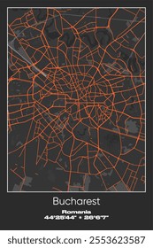 Editable vector poster map of Bucharest, Romania, showcasing detailed street layouts, main roads, neighborhoods, and landmarks in Gray, Black, Orange colors.