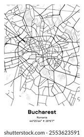 Editable vector poster map of Bucharest, Romania, showcasing detailed street layouts, main roads, neighborhoods, and landmarks in Black, white, gray, BW colors.