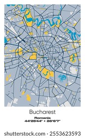 Editable vector poster map of Bucharest, Romania, showcasing detailed street layouts, main roads, neighborhoods, and landmarks in Blue, Gray, Yellow, Olive colors.