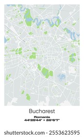 Editable vector poster map of Bucharest, Romania, showcasing detailed street layouts, main roads, neighborhoods, and landmarks in Gray, white, green, blue colors.