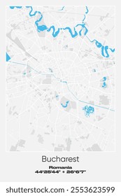 Editable vector poster map of Bucharest, Romania, showcasing detailed street layouts, main roads, neighborhoods, and landmarks in Gray, white, blue colors.