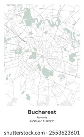 Editable vector poster map of Bucharest, Romania, showcasing detailed street layouts, main roads, neighborhoods, and landmarks in Pastel, Gray, White, Green colors.