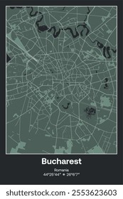 Editable vector poster map of Bucharest, Romania, showcasing detailed street layouts, main roads, neighborhoods, and landmarks in Dark gray, Gray, Green, gray-green colors.