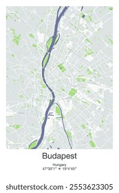 Editable vector poster map of Budapest, Hungary, showcasing detailed street layouts, main roads, neighborhoods, and landmarks in Gray, Blue, Green, White colors.