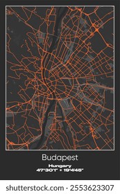 Editable vector poster map of Budapest, Hungary, showcasing detailed street layouts, main roads, neighborhoods, and landmarks in Gray, Black, Orange colors.