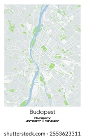 Editable vector poster map of Budapest, Hungary, showcasing detailed street layouts, main roads, neighborhoods, and landmarks in Gray, white, green, blue colors.