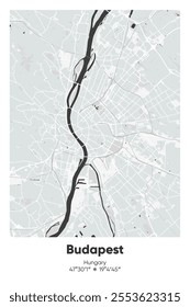 Editable vector poster map of Budapest, Hungary, showcasing detailed street layouts, main roads, neighborhoods, and landmarks in Gray, Black, White, BW colors.