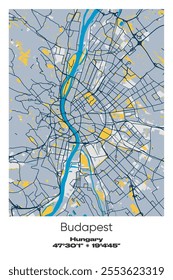 Editable vector poster map of Budapest, Hungary, showcasing detailed street layouts, main roads, neighborhoods, and landmarks in Blue, Gray, Yellow, Olive colors.