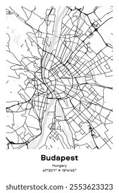 Editable vector poster map of Budapest, Hungary, showcasing detailed street layouts, main roads, neighborhoods, and landmarks in Black, white, gray, BW colors.