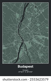 Editable vector poster map of Budapest, Hungary, showcasing detailed street layouts, main roads, neighborhoods, and landmarks in Dark gray, Gray, Green, gray-green colors.