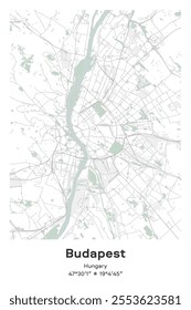 Editable vector poster map of Budapest, Hungary, showcasing detailed street layouts, main roads, neighborhoods, and landmarks in Pastel, Gray, White, Green colors.