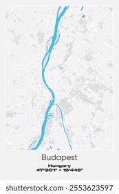 Editable vector poster map of Budapest, Hungary, showcasing detailed street layouts, main roads, neighborhoods, and landmarks in Gray, white, blue colors.