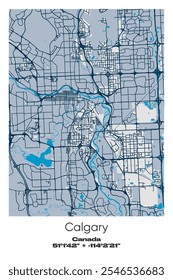 Editable vector poster map of Calgary, Canada, showcasing detailed street layouts, main roads, neighborhoods, and landmarks in Blue, Gray, Yellow, Olive colors.
