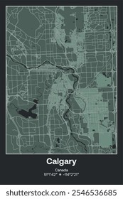 Editable vector poster map of Calgary, Canada, showcasing detailed street layouts, main roads, neighborhoods, and landmarks in Dark gray, Gray, Green, gray-green colors.