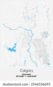 Mapa de pôster vetorial editável de Calgary, Canadá, mostrando detalhados layouts de rua, principais estradas, bairros e pontos de referência em cores cinzentas, brancas e azuis.