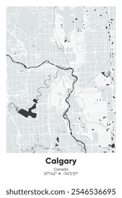 Editable vector poster map of Calgary, Canada, showcasing detailed street layouts, main roads, neighborhoods, and landmarks in Gray, Black, White, BW colors.
