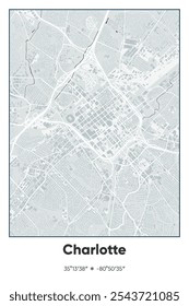 Editable vector poster map of Charlotte,North Carolina, showcasing detailed street layouts, main roads, neighborhoods, and landmarks in Gray, Black, White colors.