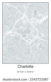 Editable vector poster map of Charlotte,North Carolina, showcasing detailed street layouts, main roads, neighborhoods, and landmarks in Gray, Blue, Green, White colors.
