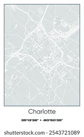 Editable vector poster map of Charlotte,North Carolina, showcasing detailed street layouts, main roads, neighborhoods, and landmarks in Gray, white, green, blue colors.