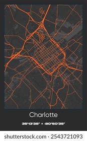 Editable vector poster map of Charlotte,North Carolina, showcasing detailed street layouts, main roads, neighborhoods, and landmarks in Gray, Black, Orange colors.